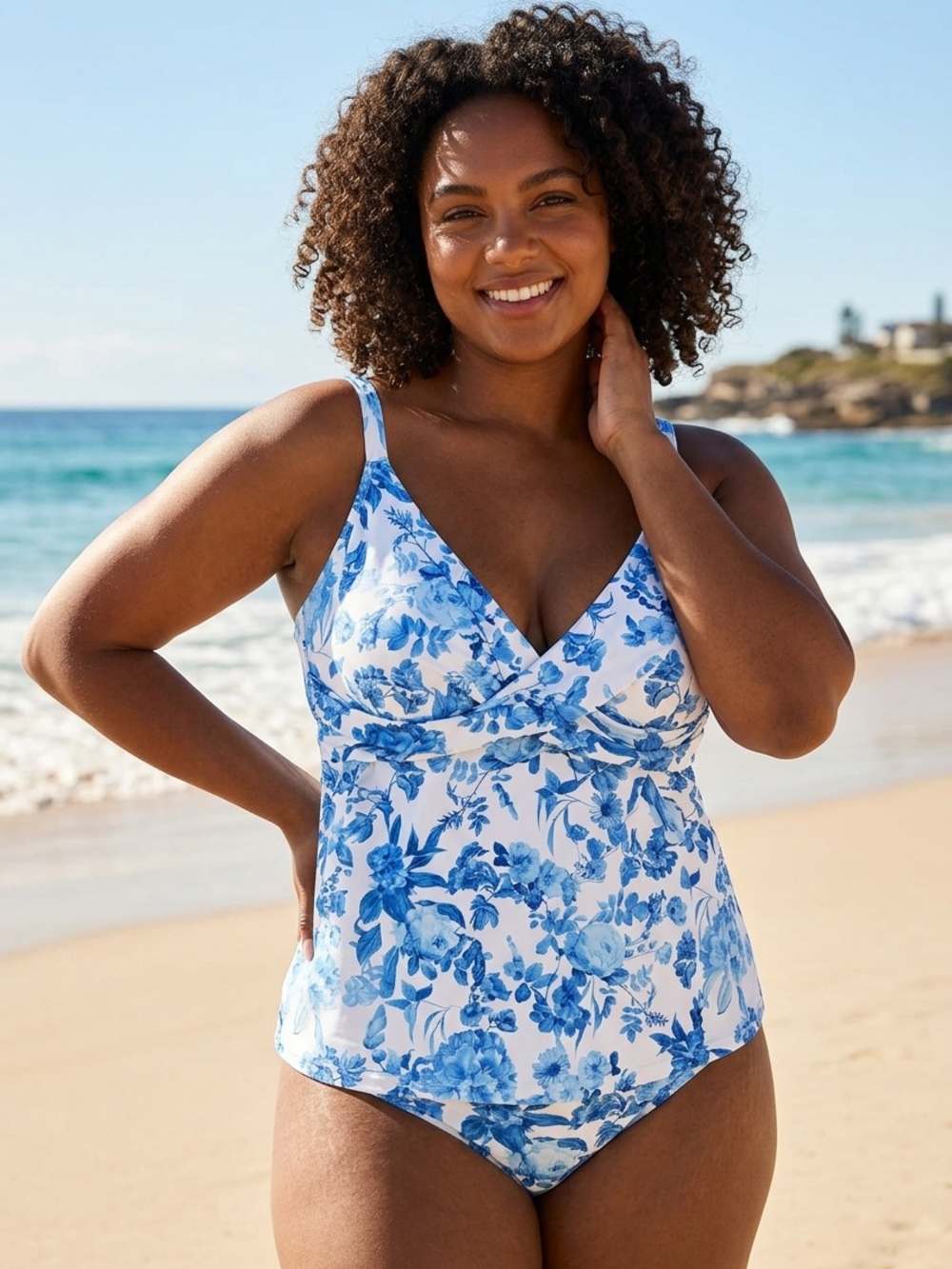 Blue Floral Tankini Top 1X Twist Front Removable Cups Supportive 16W 18W Swim
